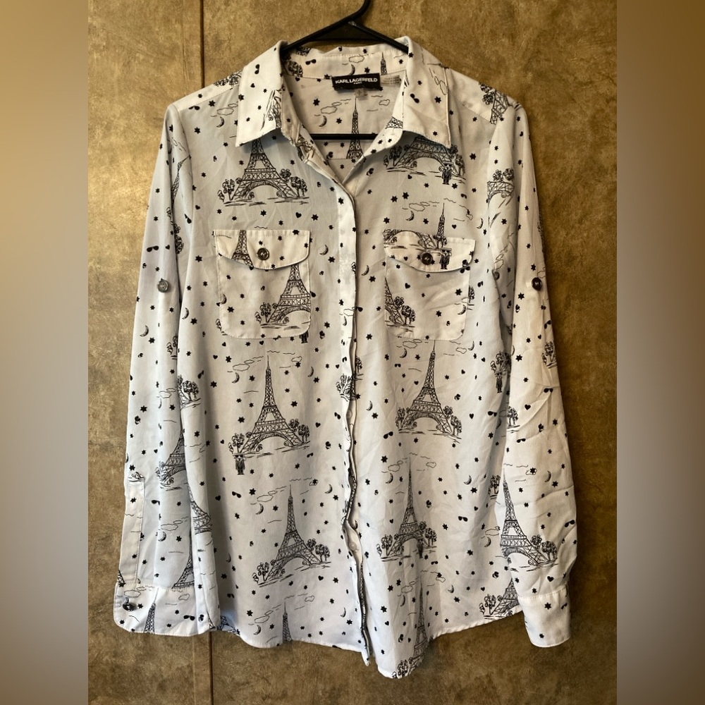 Karl Lagerfeld Paris Button Up Shirt  Eiffel Moon Stars Chic Blouse Top S